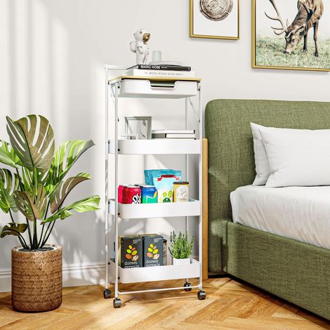 Chariot utilitaire à roulettes à 4 niveaux avec tiroir, plateau et paniers métalliques pour chambre, salle de bain, cuisine, blanc