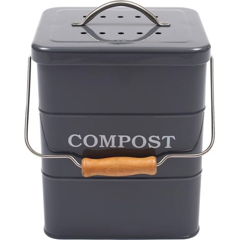 Poubelle à Compost de Cuisine 6L Composteur de Table en métal - Comprend Filtres à Charbon - Composteur Bois pour Déchets Alimentaires - Gris (1/5)