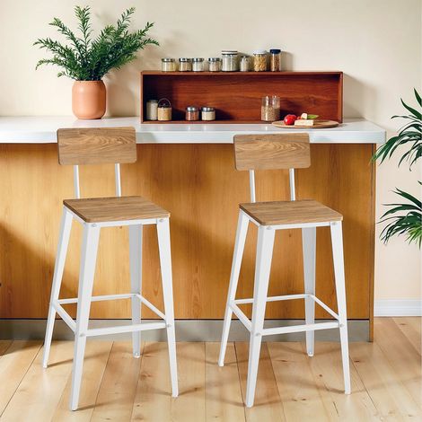 Ensemble de 2 Tabourets de Bar, avec Dossier, Chaises de Bar, Cadre en Acier, Marron et Blanc (1/5)