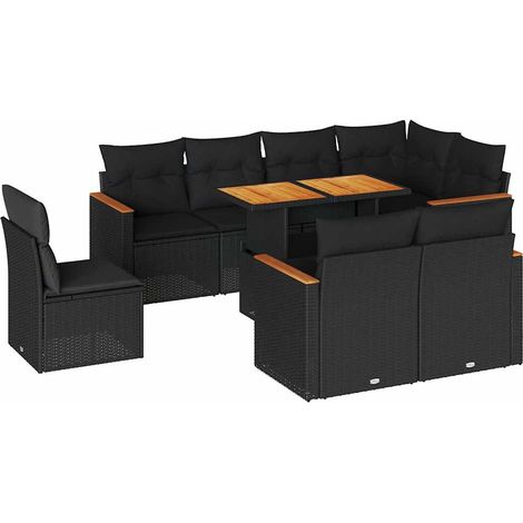 vidaXL Set Divani da Giardino 9 pz con Cuscini Nero Polyrattan Acacia (1/5)