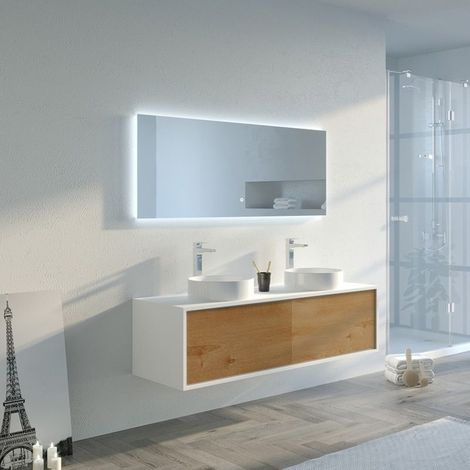 Distribain – Meuble sous vasque simple 140 cm en MDF blanc et bois naturel – 2 tiroirs à ouverture douce – Miroir LED panoramique 1400 x 700 mm (1/5)