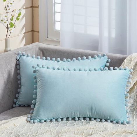 Rectangle 30x50cm Bleu Canard Housse De Coussin 12x20 Pouces Housses De Coussin Doux Pour Canapé Chaise Salon Pom Pom Housses De Coussin Décoratif, Paquet De 2 (1/5)