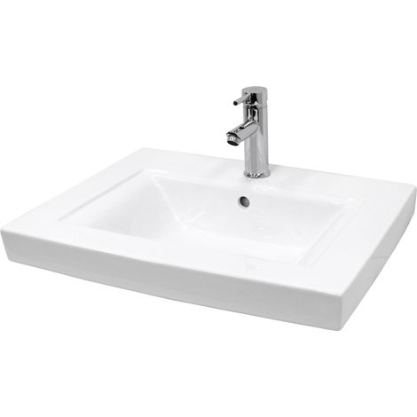 ECD Germany Lavabo en Céramique Blanc 605x465x160 mm avec Garniture de Vidage 1 1/4" Universelle avec Trop-Plein, Rectangle, Vasque Encastré Moderne, Évier Lave-Mains pour Salle de Bain et Toilettes (1/5)