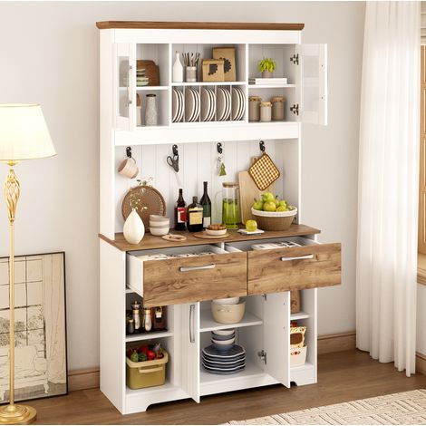 Buffet cuisine 106x39x176,5 cm en panneaux de particules blanc et bois, rangement – MEUBLIV (1/5)