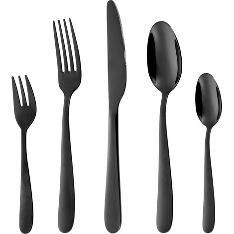60 PiècesEnsemble de Couverts/Couverts Noirs, Couverts de table, Ensemble de Cuillères à Fourchette en Acier Inoxydable pour 6 Personnes (Noir) (1/4)