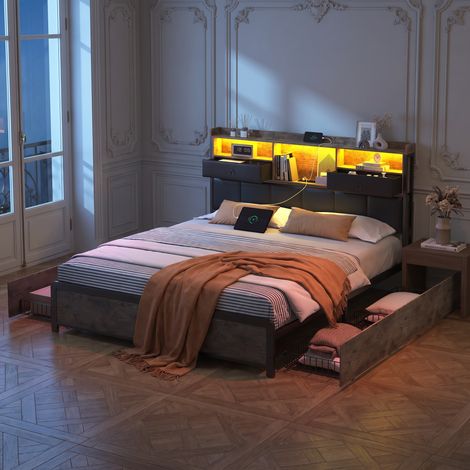 Lit adulte 140x200 cm avec 4 tiroirs, Tête de lit avec rangement, éclairage LED et Prises, Sommier à lattes en métal, cadre en métal, vintage (1/5)