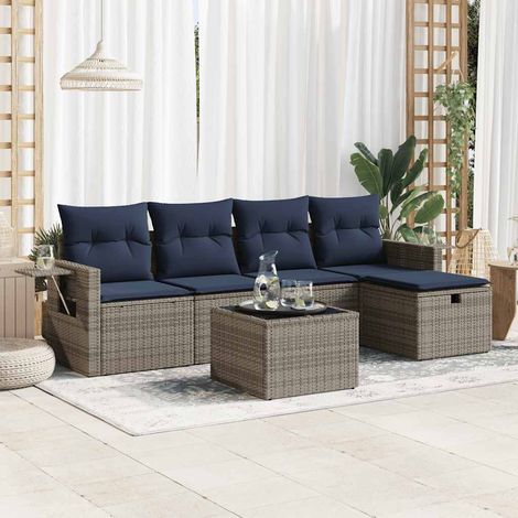 Ensemble de salon de jardin 6 pièces avec coussins gris en résine tressée, table, repose-pieds et espaces de rangement intégrés (1/5)