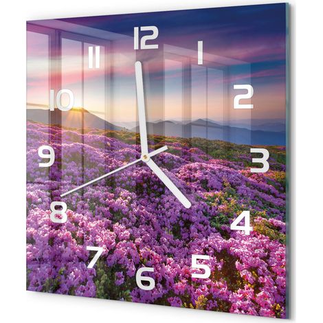 Horloge Murale Carrée Verre Trempé Mouvement Silencieux Sans Tic-Tac Fleurs dans les montagnes 30x30 cm (1/5)