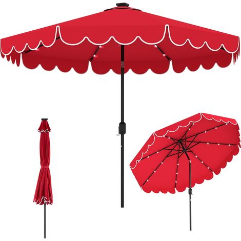 Parasol de jardin rouge 300 cm à LED solaires avec manivelle, inclinable et volant décoratif, parasol de terrasse pour jardin, piscine et restauration (1/5)