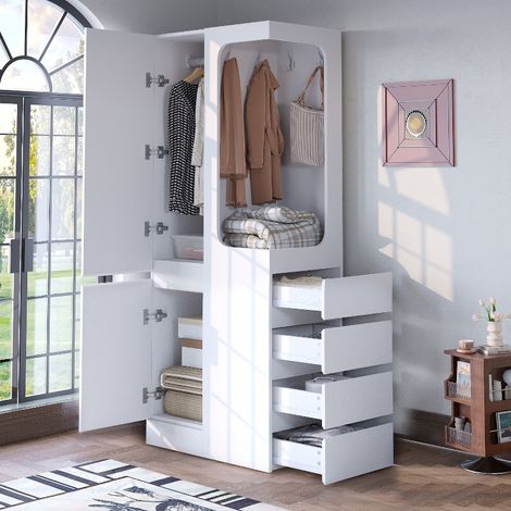 Kleiderschrank Weiß mit Schubladen und Offenem Kleiderbereich, Eintüriger Schrank 70x40x170 cm, Kompakter Holzschrank für Schlafzimmer (1/5)