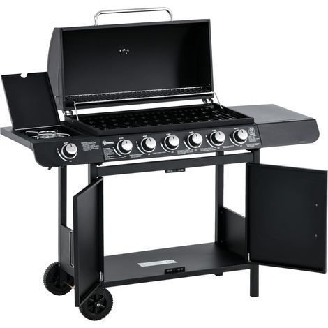 Gasgrill mit 7 Brennern, inkl. Thermometer, BBQ -Grill, mobiler Grill, Schwarz (1/5)