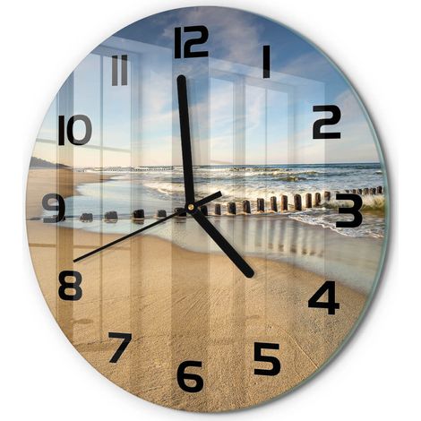 Horloge Murale Ronde Déco Salon Verre Trempé Silencieuse Design Contemporain Plage sur la mer Baltique fi 30 cm (1/5)