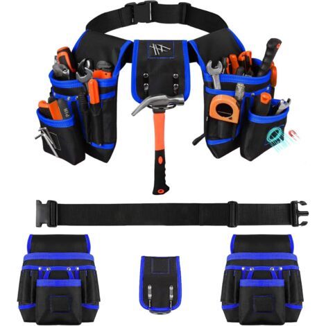 Ceinture porte Outils avec 26 Poches et 1 Anneau Marteau, Magnétique Ceinture Outils avec 3 Aimants Puissants, Amovible et Réglable, pour Électricien, Charpentier, Construction, Noir-Bleu (1/5)