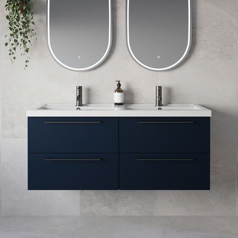 Napoli 390 Deep Blue 1200mm Wall Mounted 4 Drawer Vanity Unit with Double Lucia Basins - 1200mm - Gunmetal Grey 320mm Handle