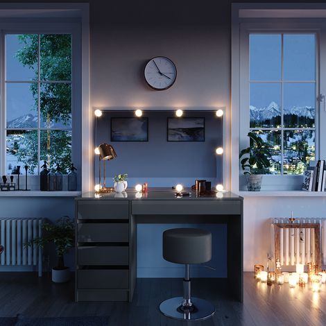 Schminktisch Sherry, Grau, 120 cm mit LED Beleuchtung und Hocker, Vicco