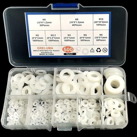 500 Pièces M2 M2.5 M3 M4 M5 M6 M8 M10 Rondelle En Plastique Nylon Rondelle Plate Vis Boulon Assortiment Kit, Blanc (1/5)