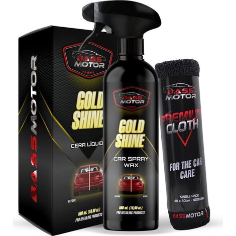 BassMotor Cire Liquide Rapide pour Voiture Moto Brillant Effet Miroir Hydrofuge Brillant avec Spray Liquide Extérieur Cirage - Gold Shine 500ml + Bayeta Premium (1/5)