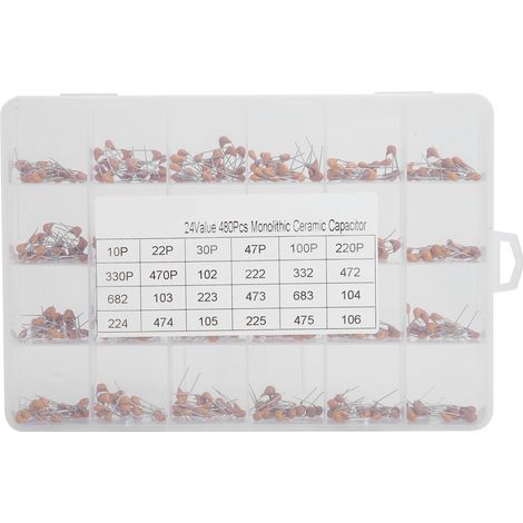480 pièces condensateur céramique kit, 24 valeurs de 10pF à 10µF, résistants à la chaleur et corrosion, pour projets électroniques DIY 50V