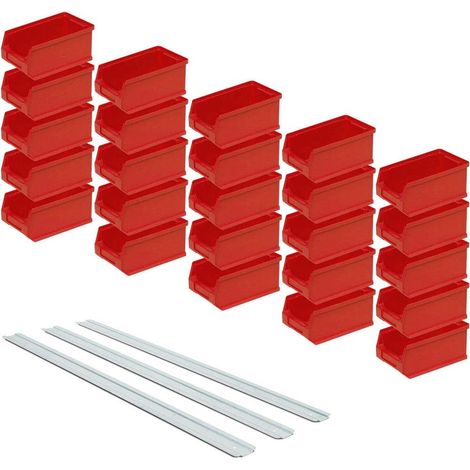 BRB Lot de 25 boîtes empilables professionnelles LB5 Rouge Capacité 0,85 l 175 x 100 x 75 mm Avec 3 rails de suspension muraux (1/2)
