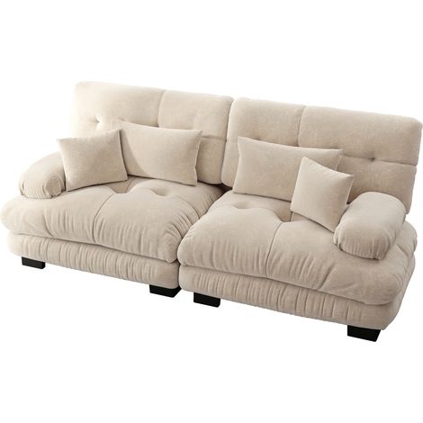 ELVMI Canapé d'angle modulaire 2 places avec coussins lombaires et coussins déco en Chenille Café clair (1/5)