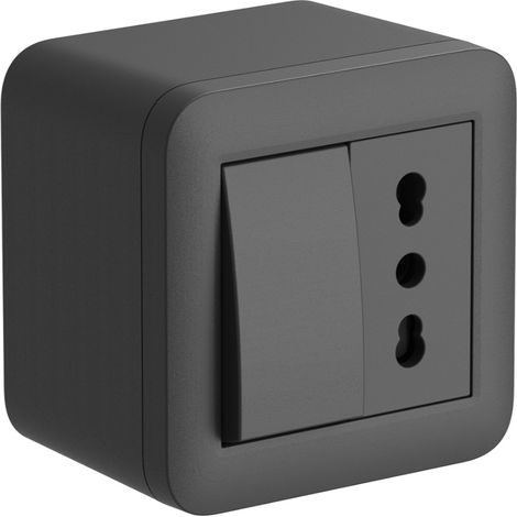 Contenitore da superficie con presa bivalente e interruttore/ deviatore FIXA, nero, IP40, compatibile per installazione con tubo rigido e canalina