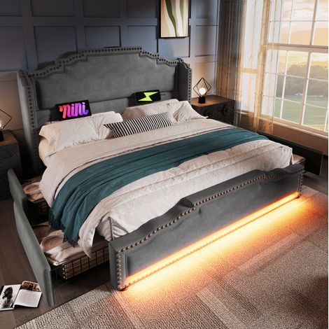 CHICFURN Lit coffre 180x200 cm avec 4 tiroirs, LED d'ambiance pilotable par application et télécommande, ports USB et Type-C, velours gris, cadre robuste, sans matelas (1/5)
