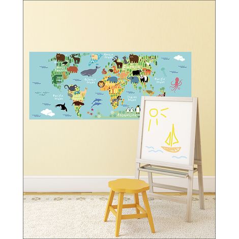 Autocollant décoratif carte du monde animaux, 50 cm X 120 cm, éducatif pour enfant, tout en couleur (1/2)
