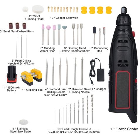 Mini-perceuse sans fil électrique, outil rotatif 1-6 vitesses + accessoires multiples, haute concentricité, dissipation thermique efficace pour percer perles, jade, noix, artisanat