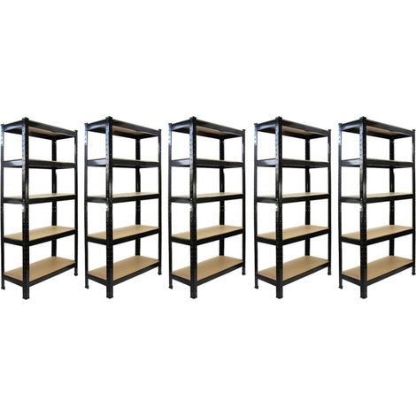 5 Estanterías Metálicas Negras T-Rax Sin Tornillos 75x150x30cm de 5 Niveles Baldas Repisas Capacidad Peso 150kg por Estante Almacenamiento Almacenaje Herramientas Taller Garaje Almacén