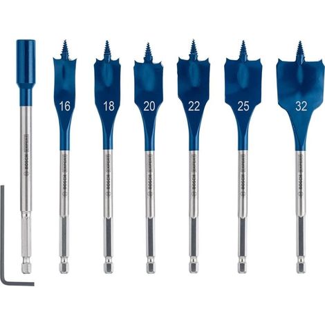Juego de 7 brocas planas Ulisem (para madera blanda, aglomerado, Ø 16-32 mm, accesorios profesionales para taladros de impacto) (1/4)