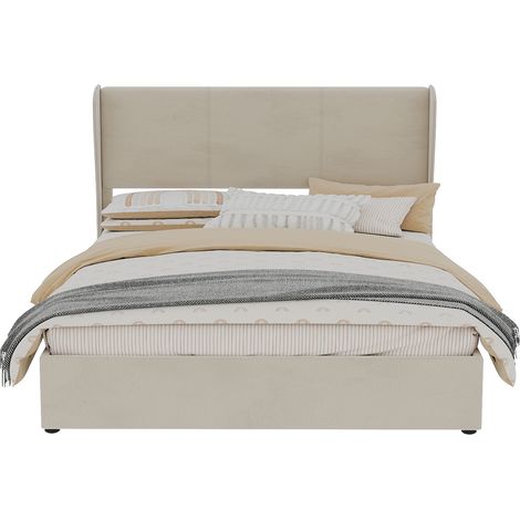 Lit rembourré moderne et minimaliste, 160 x 200 cm, beige, meuble de chambre multifonction avec tête de lit douce et confortable, base de rangement haute avec mécanisme à vérins à gaz, matelas non inc (1/5)