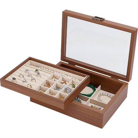 Boîte à bijoux en bois à 2 niveaux avec couvercle en verre - Organiseur de bijoux pour femme - 28 x 20 cm - Vintage - Pour bagues, boucles d'oreilles, colliers - Cadeau pour femme - Marron (1/5)