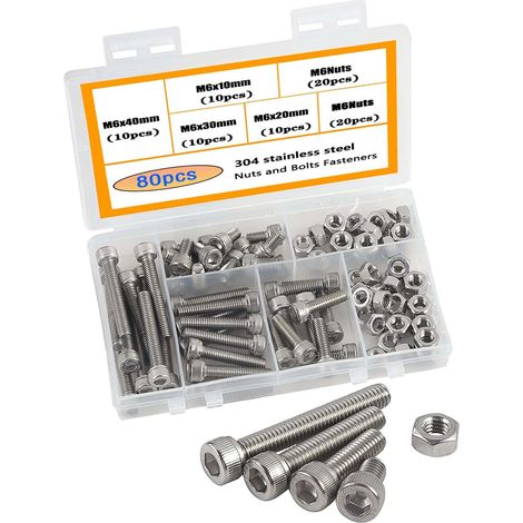 80 pièces vis et écrous m6, acier inoxydable 304, tête cylindrique six pans creux, kit assorti 10-40mm, pour bricolage et réparation (1/5)