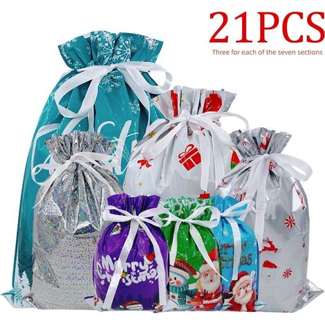 Sac Cadeau Noël - Fermeture à Cordon - Imprimé Festif - Aluminium CPP Double Couche - Réutilisable - Lot de 12 (1/5)