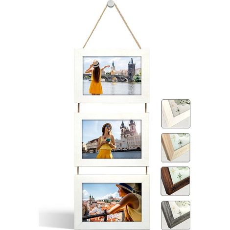 Marco de fotos múltiple con cordón para colgar，Soporte para retratos，Apto para fotos de 10x15 cm (Blanco，3 fotos horizontales) (1/2)