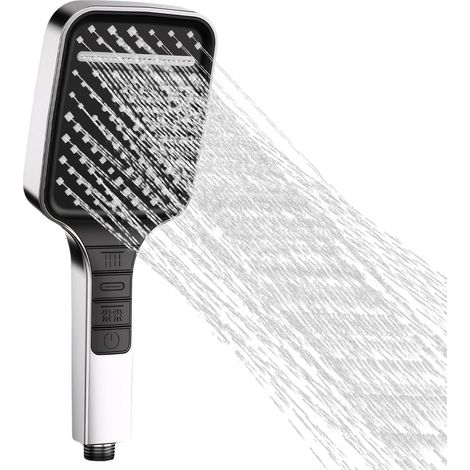 Cabezal de ducha con 7 tipos de chorro, botón de parada y boquilla antical: mayor presión y función de ahorro de agua (plateado, cromado). (1/5)