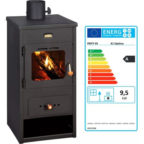 Prity – Poêle à bois 9.5 kW – Sortie de fumée supérieure – Chambre de combustion en briques réfractaires – Dimensions 390x390x760 mm
