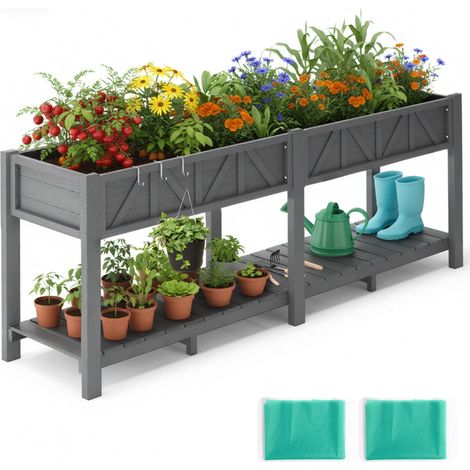 Bac à plantes élevé 183x44x73cm, grand potager extérieur résistant aux intempéries avec étagère, 6 crochets, 2 doublures non tissées, culture légumes fleurs herbes, jardin balcon terrasse (1/5)