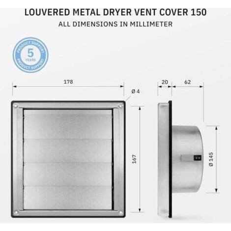NALOOKAMIC Ahlsen Grille Ventilation 150 mm Automatique Grille de Hotte Résistant aux Intempéries/Mesure carrée 184x184mm / Aeration Inox (1/3)