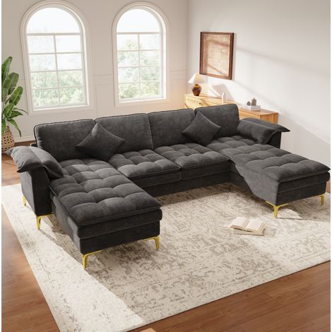 Modulares U-Ecksofa 4-Sitzer mit 2 Chaiselongues, Chenille grau OKMYHOME (1/5)