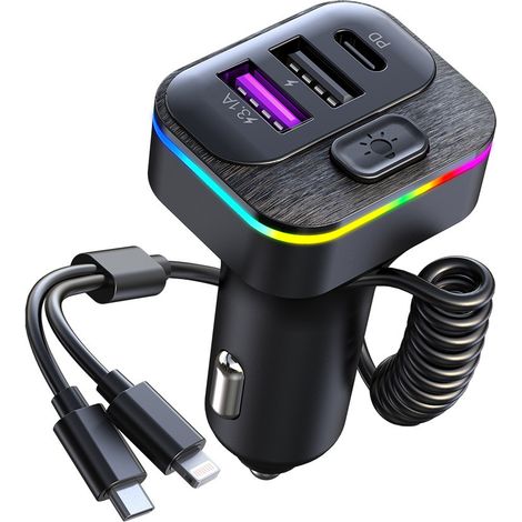 K12 Dual USB Car Phone Charger with PD Fast Charging and One-to-Two Super Fast Charging Cable -- K12 - Black (1/4)