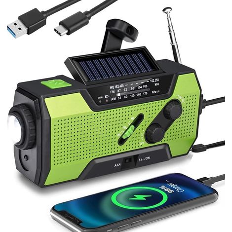 Filiyano-Radio solaire à manivelle, radio solaire d'urgence, radio météo solaire portable 2000 mAh, USB/solaire/manivelle, verte (1/5)