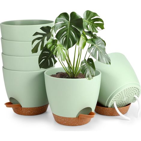 Set of 6 Plastic Self-Watering 15cm Plastic Self-Watering Flower Pots with Water Tank and Flower Saucer Suitable for Indoor Plants, Balcony, Garden (1/5)