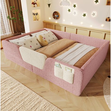 MODFU – Letto per bambini 140x190 cm con barriere rimovibili, tasca portaoggetti e rivestimento in velluto, carico 220 kg – Rosa (1/5)