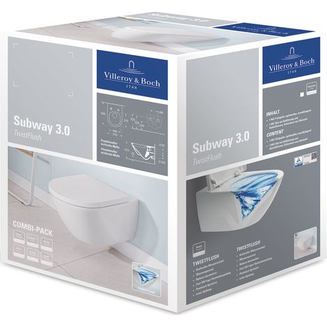 Villeroy & Boch – Pack combiné WC broyeur Subway 3.0 – Céramique sanitaire – TwistFlush – Évacuation horizontale – 3/4,5 l