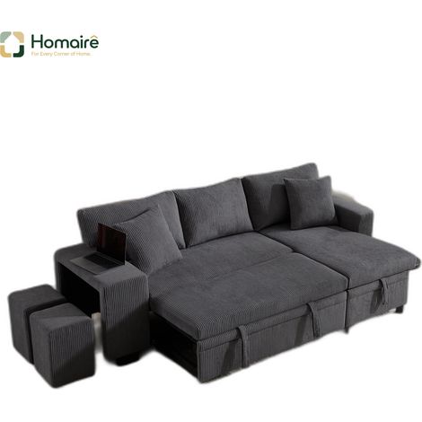 Canapé en velours côtelé gris avec rangement, port USB et accoudoirs 231 x 131,5 x 84 cm HOMAIRE (1/5)