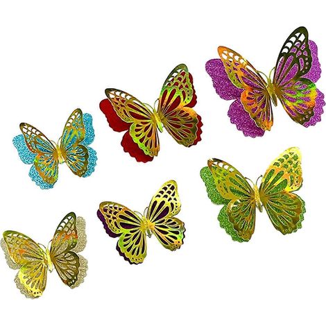 Stickers muraux papillons autocollants – Lot de 6, double couche – pour salon et chambre – Décoration DIY en PVC imperméable - Doré (1/5)
