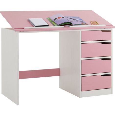 Idimex – Bureau enfant inclinable en pin massif blanc/rose – 4 tiroirs – Dimensions 76x114x55cm – Plateau ajustable de 0° à 25°
