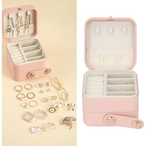 Boîte à bijoux portable, compacte, simple et mignonne pour bagues, boucles d'oreilles, colliers et bijoux multicouches. (1/5)