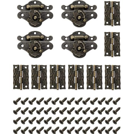 Ensemble de 4 serrures anciennes vintage, bouton de serrure décoratif ancien avec 8 charnières et 56 vis pour armoire, placard ou boîte décorative (1/5)